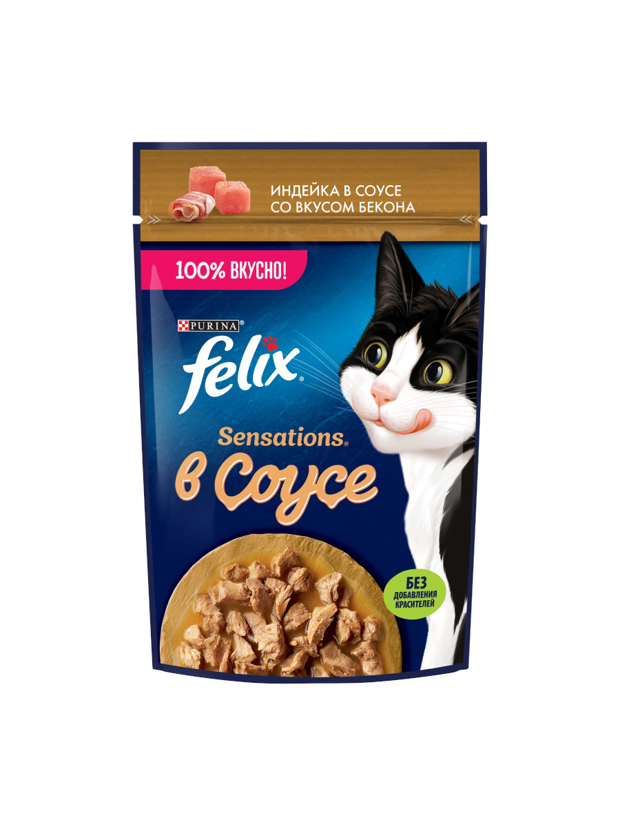 Товар: Felix Для взрослых кошек Индейка всоусе со вкусом бекона 85г