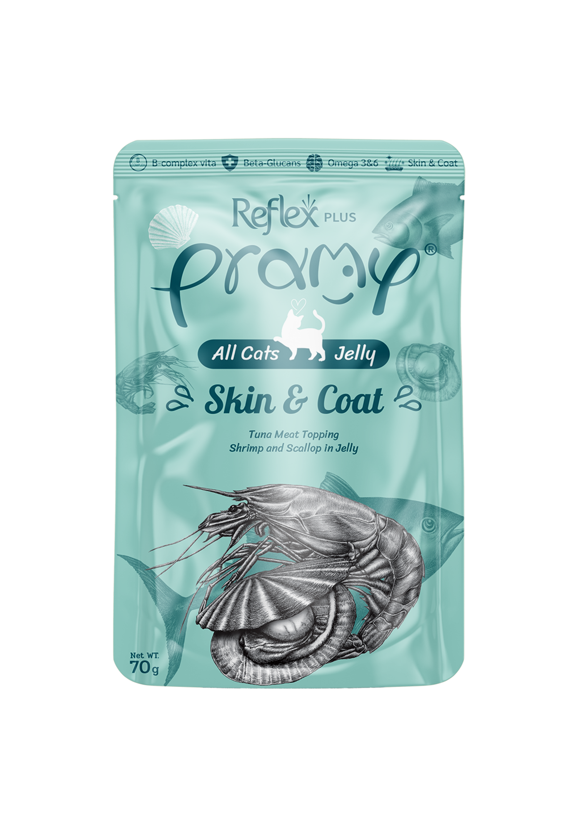 Товар: Pramy влажный корм для кошек , для кожи и шерсти тунец с креветками и гребешком в желе 70гр