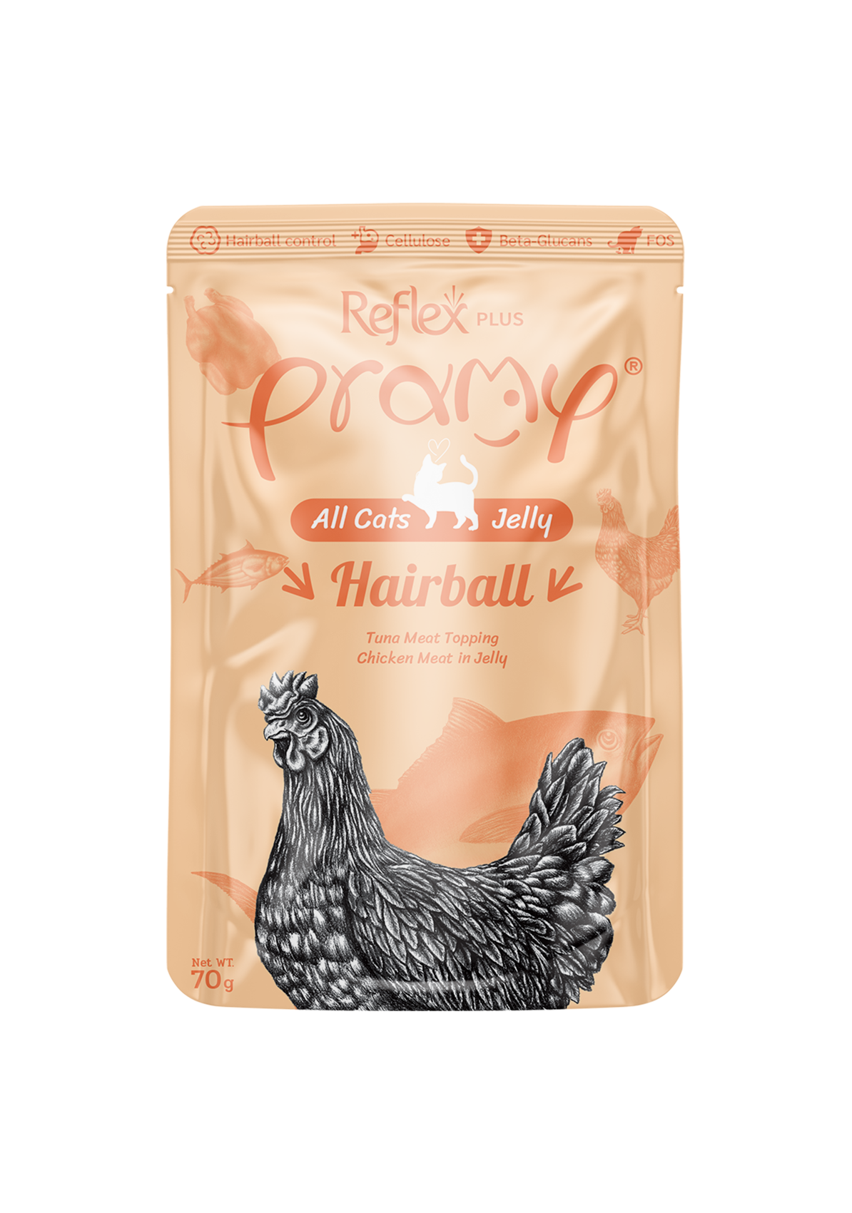 Товар: Pramy влажный корм для кошек шерстевыводящий с тунцом и курицей в желе 70гр