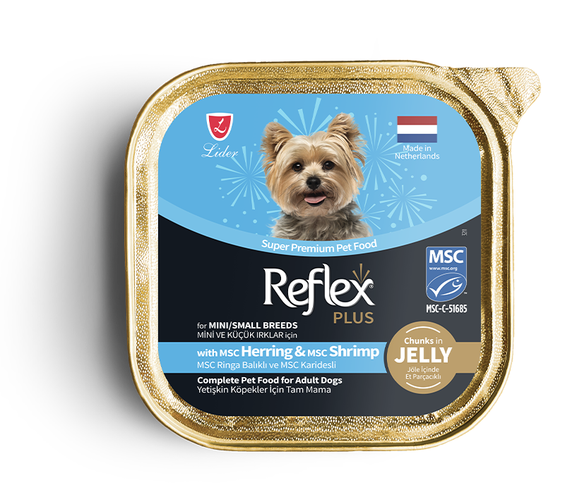 Товар: Reflex Plus влажный корм для взрослых собак маленьких и средних пород сельдь с креветками 85гр 